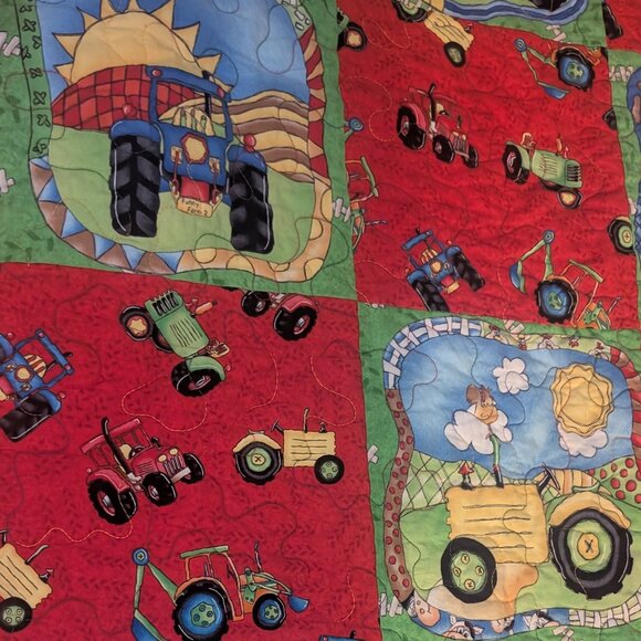 Cute Baby Blanket Quilt 48" x 48" Boys Farm Tractors Theme - Picture 2 of 5